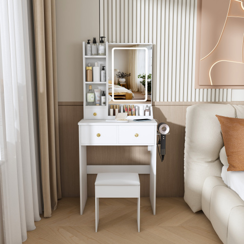 Modern small Vanity Desk ,featuring 3 modes of LED lighting with adjustable brightness, 3 drawers and multiple open storage shelves, a hair dryer holder and power socket, and a dressing chair. white - MDF - Bedroom