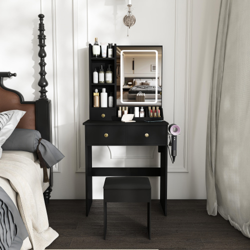 Modern small Vanity Desk ,featuring 3 modes of LED lighting with adjustable brightness, 3 drawers and multiple open storage shelves, a hair dryer holder and power socket, and a dressing chair. black - MDF - Bedroom