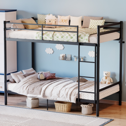 Metal bunk bed (single bed), suitable for children/teenagers/adults, 11.3-inch high guardrails, single bed frame with 11 crossbars, supports weight over 330 lbs, storage space under the bed, black. - Modern - Bathroom - Twin - Box Spring Not Required
