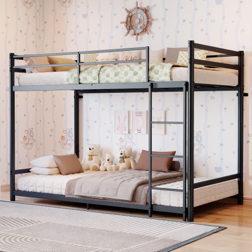Black metal bunk bed, low bed, single bed frame with 11 crossbars, supports over 330 lbs, storage space under the bed, suitable for adults, children, and teenagers. - Modern - Bathroom - Twin - Box Spring Not Required - Not Specified