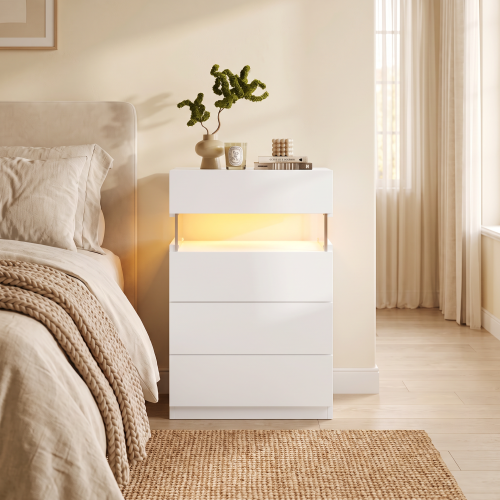 Nightstand with LED Lights, Bedside Table, Side Table with 4 Drawers, Modern Style,White - Particle Board - Bedside Cabinet - Bedroom