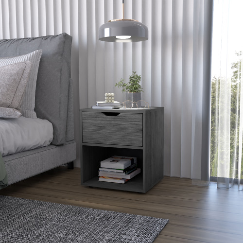 FM FURNITURE Elliott Nightstand with Elegant Drawer and Open Shelf, Ligth Gray - Particle Board - Melamine - Modern - 1 Drawer - Bedroom