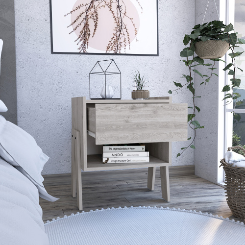Nightstand Ferku, Open Shelf, One Drawer, Light Gray Finish - Particle Board