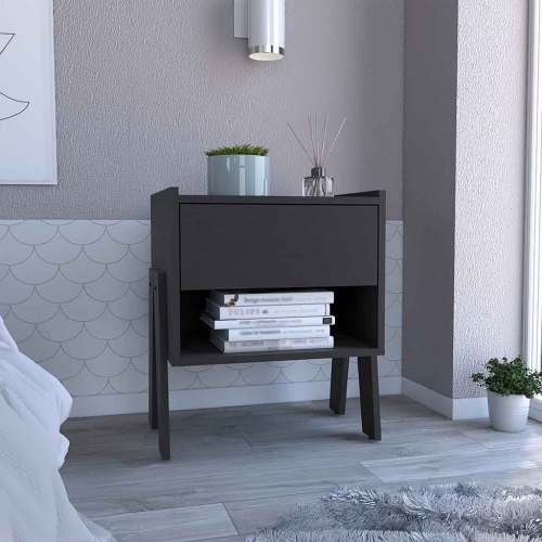 Nightstand Ferku, Open Shelf, One Drawer, Black Wengue Finish - Particle Board