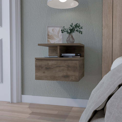 Dark Walnut 2-Tier Shelf Floating Nightstand - Wood - 1 Drawer - Bedroom - Not Specified