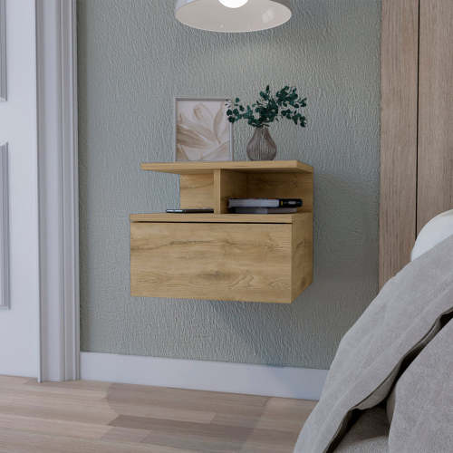 Macadamia 2-Tier Shelf Floating Nightstand - Natural - Wood - 1 Drawer - Not Specified - Bedroom - Not Specified
