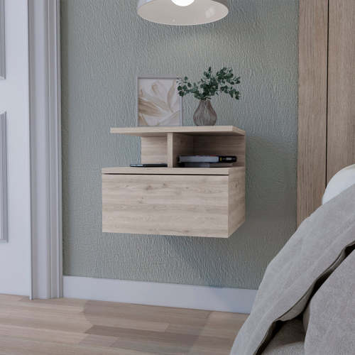 Light Gray 2-Tier Shelf Floating Nightstand - Wood - 1 Drawer - Not Specified - Bedroom