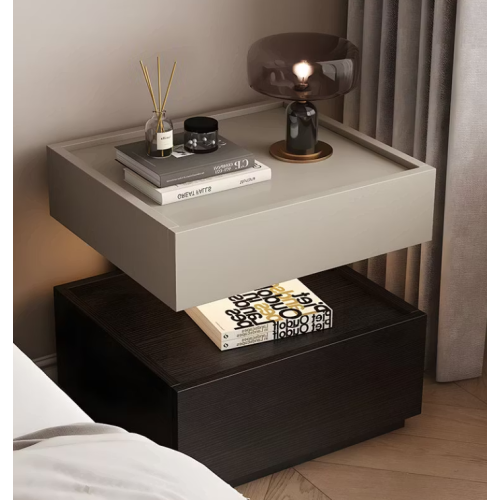 Modern Two Tier Bedside Table with Drawer Tray Top Nightstand Wood Storage Bedside Cabinet - LIGHT GREY - Solid Wood
