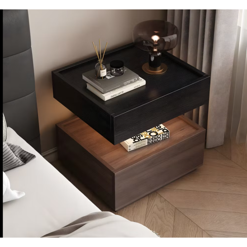 Modern Two Tier Bedside Table with Drawer Tray Top Nightstand Wood Storage Bedside Cabinet - black - Solid Wood
