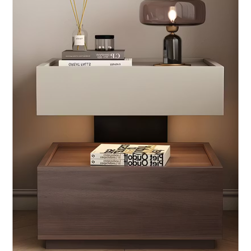 Modern Two Tier Bedside Table with Drawer Tray Top Nightstand Wood Storage Bedside Cabinet - Walnut - Solid Wood