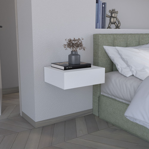 Floating Nightstand 5"H, Modern Wall-Mounted Bedside Shelf with Drawer, White - Pine - Particle Board