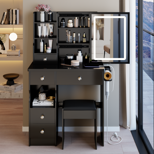 29.2" Small Size Left Drawer Desktop Vanity Table + Cushioned Stool, 2 AC+2 USB Power Station, Hair dryer bracket, Extra Large Touch Control Sliding LED Mirror, Tri-color Switching, Brightness Adjust - Black - MDF - American Design
