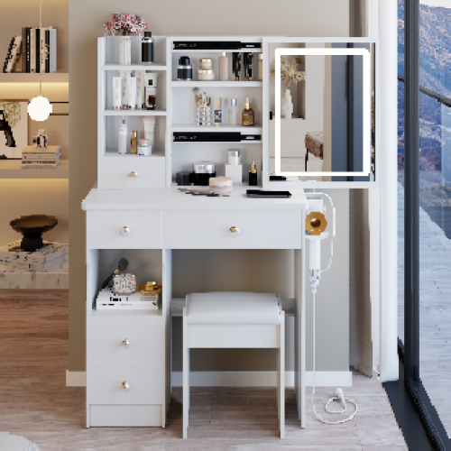 29.2" Small Size Left Drawer Desktop Vanity Table + Cushioned Stool, 2 AC+2 USB Power Station, Hair dryer bracket, Extra Large Touch Control Sliding LED Mirror, Tri-color Switching, Brightness Adjust - White - MDF - American Design