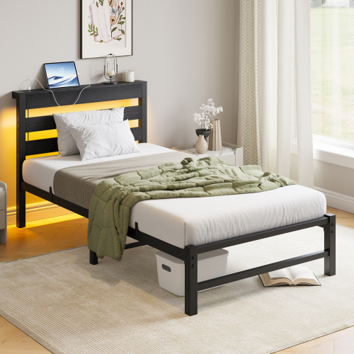 Twin Size Bed Frame Heavy Duty Platform Bed Frame with Headboard, USB Charging Station, LED Bed, No Box Spring Needed, Mattress Foundation, Strong Steel Slats, Noise Free, Black - Black MDF Wood - Metal & Wood - Antique,Classic,Modern - Bedroom - Box Spring Not Required - Not Specified - Metal