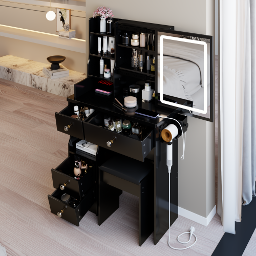 29.2" Small Size Drawer Desktop Vanity Table + Cushioned Stool, 2 AC+2 USB Power Station, Hair dryer bracket, Extra Large Touch Control Sliding LED Mirror, 3-color Switching, EPA, GCC, UL Certificate - Black - MDF - American Design
