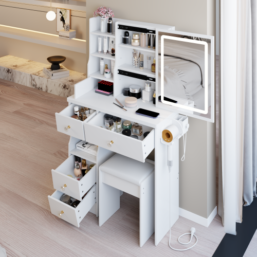 29.2" Small Size Left Drawer Desktop Vanity Table + Cushioned Stool, 2 AC+2 USB Power Station, Hair dryer bracket, Extra Large Touch Control Sliding LED Mirror, Tri-color Switching, Brightness Adjust - White - MDF - American Design