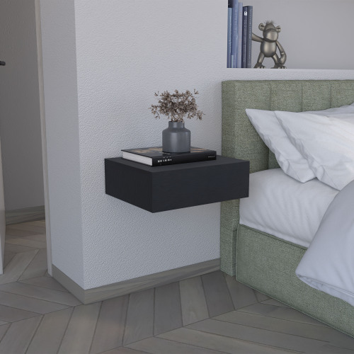 Floating Nightstand 5"H, Modern Wall-Mounted Bedside Shelf with Drawer, Black - Pine - Particle Board