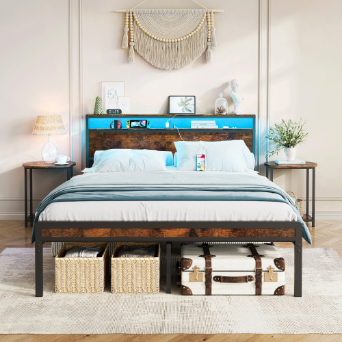 Full Size Metal Bed Frame with Headboard and Footboard, LED Lighting, Black Heavy Duty Mattress Foundation with Steel Slat Support, Noise Free,81.73"L x 54.13"W x 38.96"H - Antique brown - Particle Board - Antique - Bedroom - Brown - Iron