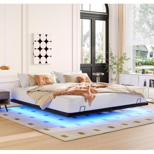 Queen Size Floating Bed Frames with LED Lights, Metal Platform Bed , Solid and Stable, Noise Free, No Box Spring Needed, Easy Assembly - Black - Bedroom - Box Spring Not Required