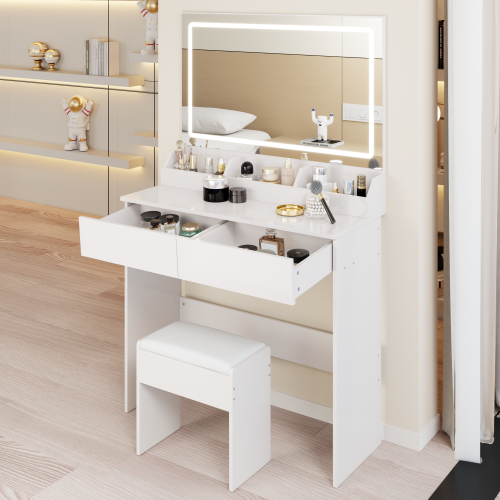 31" x 20" Extra Large LED Mirror Makeup Vanity Table + Soft Cushion Stool Suit, Touch Switch, 3 colors, Adjustable Brightness, Large Capacity Storage, Compact Dressing Table Suitable For Small Space - White - MDF - American Design