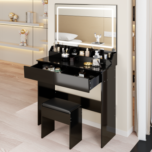 31" x 20" Extra Large LED Mirror Makeup Vanity Table + Soft Cushion Stool Suit, Touch Switch, 3 colors, Adjustable Brightness, Large Capacity Storage, Compact Dressing Table Suitable For Small Space - Black - MDF - American Design
