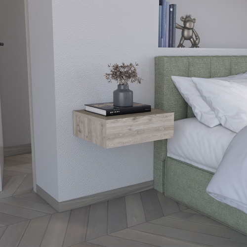 Floating Nightstand 5"H, Modern Wall-Mounted Bedside Shelf with Drawer, Light Gray - Pine - Particle Board