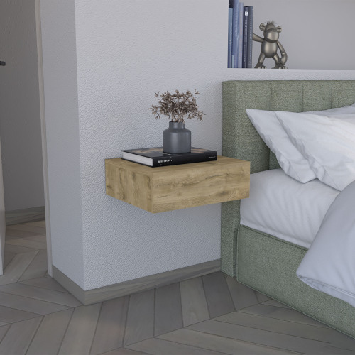 Floating Nightstand 5"H, Modern Wall-Mounted Bedside Shelf with Drawer, Macadamia - Beige - Pine - Particle Board