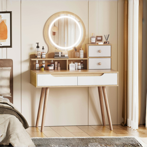 Makeup Vanity Desk with 3 Adjustable Lighted Mirror with solid wood table feet , Dressing Table Set with 4 drawers and 3 open shelves for Small space Bedroom - Ameican White Oak - MDF - Modern - Nature