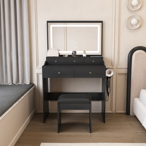 New Large Mirror Vanity Desk for Bed room , Modern Makeup Vanity Set with Power Outlet and Hair dryer holder, 5 Drawers , 3 Lighting Color Adjustable Dressing Table for Bedroom, Black Color - MDF - 3-Light - Not Specified - Not Specified - Not Specified - Not Specified