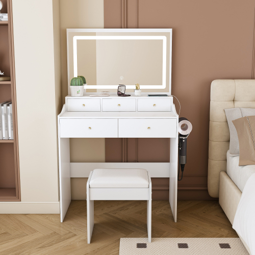 New Large Mirror Vanity Desk for Bed room , Modern Makeup Vanity Set with Power Outlet and Hair dryer holder, 5 Drawers , 3 Lighting Color Adjustable Dressing Table for Bedroom, White Color - MDF - 3-Light - 5 Drawers & Above