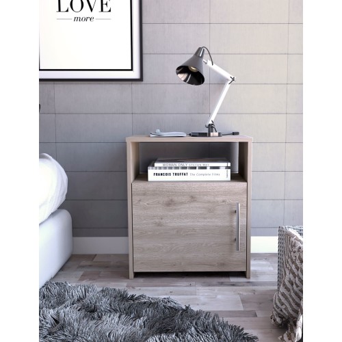 Nordico Nightstand , End Table, Side Table One Shelf, Single Door Cabinet, Metal Handle -Light Gray - Particle Board - Particle Board