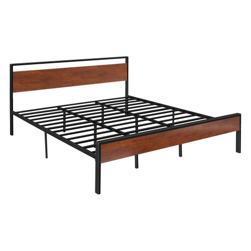 King Size Metal Platform Bed Frame with Headboard & Under-Bed Storage 14 Inch - Brown - Metal & Wood - 14-Inch