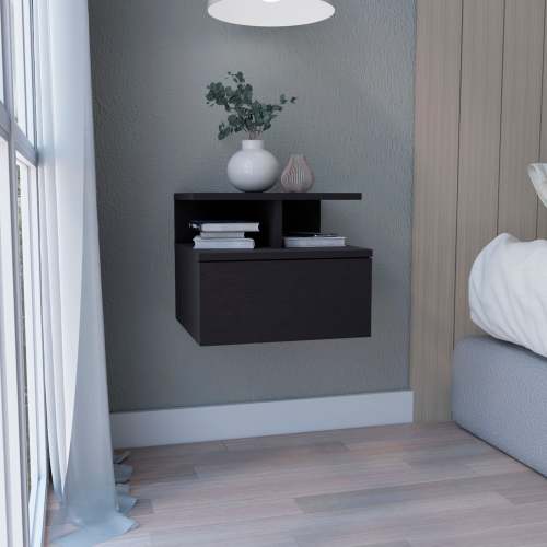 Floating Nightstand 12"H, Wall Mounted with Single Drawer and 2-Tier Shelf, Black - Particle Board - Particle Board