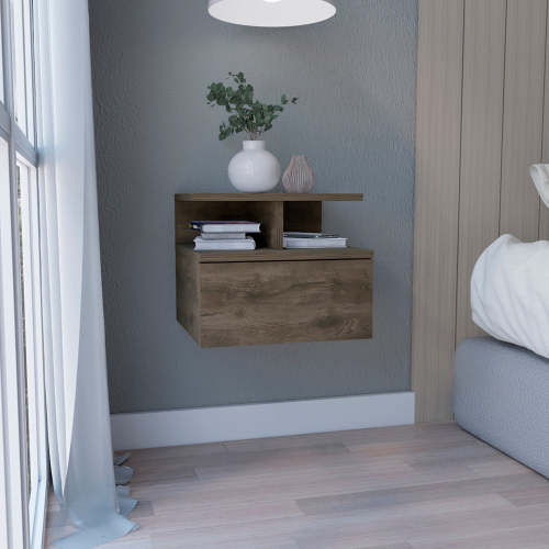 Floating Nightstand 12"H, Wall Mounted with Single Drawer and 2-Tier Shelf, Dark Walnut - Brown - Particle Board - Particle Board