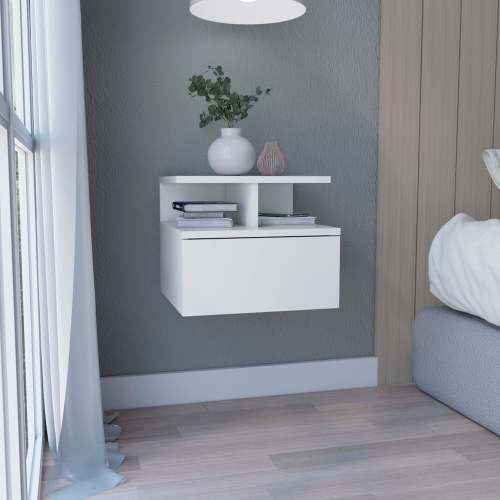 Floating Nightstand 12"H, Wall Mounted with Single Drawer and 2-Tier Shelf, White - Particle Board - Particle Board
