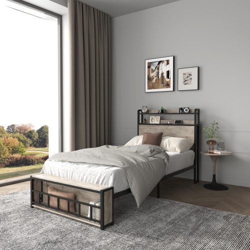 Twin Bed Frames , Headboard and Charging Station & LED Light for Bedroom, Solid and Stable, Noise Free, No Box Spring Needed, Easy Assembly - Black+ Gray - MDF+Metal