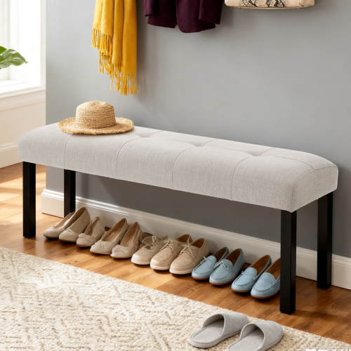 Modern Tufted Linen Dining Bench, Farmhouse Upholstered Entryway Bench with Black Rubber Wood Legs, Versatile for Kitchen, Bedroom, Hallway, Beige - Farmhouse,Modern,Rustic,Scandinavian - Rubberwood