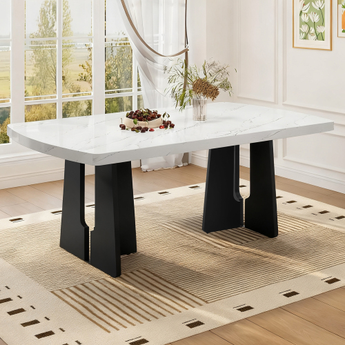 63" Modern Faux Marble Dining Table - Black/White Marble Top with Sturdy Geometric Legs, Stylish Kitchen & Dining Room Table for Home, Apartment, Office, Easy to Assemble, White+Black - MDF,Rubber Wood - Farmhouse,Modern,Rustic,Scandinavian - Rubberwood - Rectangular - Trestle - Kitchen & Dining Tables - Not Specified - Not Specified - Not Specified - Not Specified - Not Specified - Not Specified - Not Specified - Not Specified - Not Specified - Not Specified - Not Specified - Not Specified - Not Specified - Not Specified - Not Specified - Not Specified - Not Specified - Not Specified - Not Specified - Not Specified