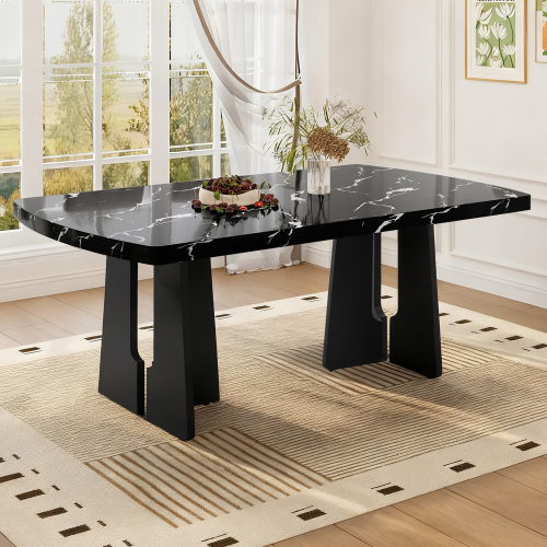 63" Modern Faux Marble Dining Table - Black/White Marble Top with Sturdy Geometric Legs, Stylish Kitchen & Dining Room Table for Home, Apartment, Office, Easy to Assemble, Black - MDF,Rubber Wood - Farmhouse,Modern,Rustic,Scandinavian - Rubberwood - Not Specified - Trestle - Kitchen & Dining Tables - Freestanding - Not Specified - Not Specified - Not Specified - Not Specified - Not Specified - Not Specified - Not Specified - Not Specified - Not Specified - Not Specified - Not Specified - Not Specified - Not Specified - Not Specified - Not Specified - Not Specified - Not Specified - Not Specified - Not Specified