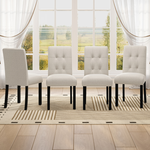 4 Piece Modern Tufted Dining Chair, Rustic Linen Upholstered with Black Rubber Wood Legs, Upholstered Accent Chair for Kitchen, Dining Room, Bedroo, Beige - Farmhouse,Modern,Rustic,Scandinavian - Rubberwood - Not Specified - Not Specified - Not Specified - Not Specified - Not Specified - Dining Chairs - Solid - Tufted Back - Rectangular - Foam - Not Specified - Not Specified - Not Specified - Not Specified - Not Specified - Not Specified - Not Specified - Not Specified - Not Specified - Not Specified - Not Specified - Not Specified