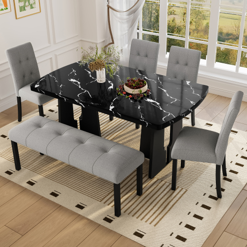 6 Piece Modern Dining Table Set, 63" Faux Marble Dining Table with Geometric Legs & 4 Upholstered Chairs & 1 Bench, Suitable for Dining Kitchen Room,Easy to Assemble, Black + Gray - Rubber Wood - Farmhouse,Modern,Rustic - Dining Room - Rubberwood - Rectangular - Not Specified - Not Specified - Not Specified - Not Specified - Not Specified - Not Specified - Not Specified - Not Specified - Not Specified - Not Specified - Seats 6 - Wood - 4 Leg - Queen Anne - Dining Table with Chair and Bench - Not Specified - Not Specified - Not Specified - Not Specified - Not Specified
