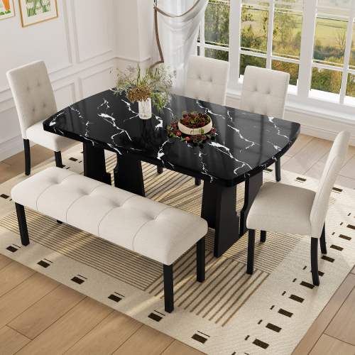 6 Piece Modern Dining Table Set, 63" Faux Marble Dining Table with Geometric Legs & 4 Upholstered Chairs & 1 Bench, Suitable for Dining Kitchen Room,Easy to Assemble, Beige+Black - MDF,Rubber Wood - Farmhouse,Modern,Rustic,Scandinavian - Dining Room - Rubberwood - Rectangular - Not Specified - Not Specified - Not Specified - Not Specified - Not Specified - Not Specified - Not Specified - Not Specified - Not Specified - Not Specified - Seats 6 - Wood - Trestle - Queen Anne - Dining Table with Chair and Bench - Not Specified - Not Specified - Not Specified - Not Specified - Not Specified