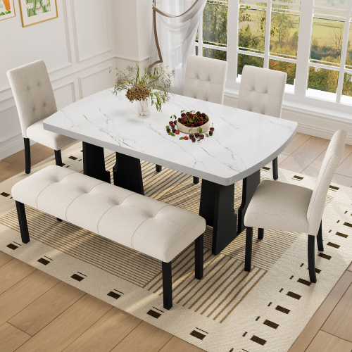 6 Piece Modern Dining Table Set, 63" Faux Marble Dining Table with Geometric Legs & 4 Upholstered Chairs & 1 Bench, Suitable for Dining Kitchen Room,Easy to Assemble, Beige + White - MDF,Rubber Wood - Farmhouse,Modern,Rustic,Scandinavian - Dining Room - Rubberwood - Rectangular - Not Specified - Not Specified - Not Specified - Not Specified - Not Specified - Not Specified - Not Specified - Not Specified - Not Specified - Not Specified - Seats 6 - Not Specified - Wood - Trestle - Queen Anne - Dining Table with Chair and Bench - Bench Seating - Not Specified - Not Specified - Not Specified - Not Specified