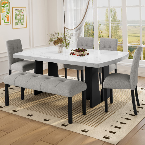 6 Piece Modern Dining Table Set, 63" Faux Marble Dining Table with Geometric Legs & 4 Upholstered Chairs & 1 Bench, Suitable for Dining Kitchen Room,Easy to Assemble, White+Gray - MDF,Rubber Wood - Farmhouse,Modern,Rustic,Scandinavian - Dining Room - Rubberwood - Rectangular - Not Specified - Not Specified - Not Specified - Not Specified - Not Specified - Not Specified - Not Specified - Not Specified - Not Specified - Not Specified - Seats 6 - Wood - Trestle - Queen Anne - Dining Table with Chair and Bench - Bench Seating - Not Specified - Not Specified - Not Specified - Not Specified