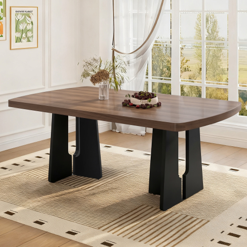 63-Inch Modern Wood Dining Table - Realistic Water Transfer Walnut Finish with Geometric Metal Legs, Spacious Kitchen Table for Apartment & Office, Walnut+Black - MDF,Rubber Wood - Farmhouse,Modern,Rustic,Scandinavian - Dining Room - Rubberwood - Not Specified - Trestle - Kitchen & Dining Tables - Freestanding - Not Specified - Not Specified - Not Specified - Not Specified - Not Specified - Not Specified - Not Specified - Not Specified - Not Specified - Not Specified - Not Specified - Not Specified - Not Specified - Not Specified - Not Specified - Brown - Rectangular - Laminated