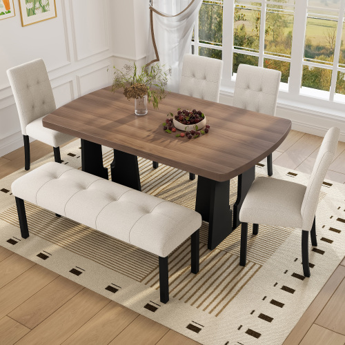 6-Piece Modern Dining Table Set, 63" Dining Table with Geometric Legs & 4 Upholstered Chairs & 1 Bench, Suitable for Dining Kitchen Room, Easy to Assemble, Walnut + Black Table with Beige Seating - Foam,MDF,Rubber Wood - Farmhouse,Modern,Rustic,Scandinavian - Dining Room - Rubberwood - Rectangular - Not Specified - Not Specified - Not Specified - Not Specified - Not Specified - Not Specified - Not Specified - Not Specified - Not Specified - Not Specified - Seats 6 - Wood - Wood - Trestle - Queen Anne - Dining Table with Chair and Bench - Bench Seating - Brown - Rectangular - Not Specified - Not Specified
