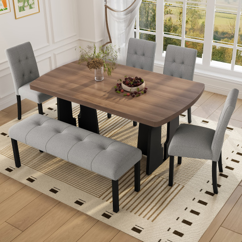 6-Piece Modern Dining Table Set, 63" Dining Table with Geometric Legs & 4 Upholstered Chairs & 1 Bench, Suitable for Dining Kitchen Room, Easy to Assemble, Walnut + Black Table with Gray Seating - Foam,MDF,Rubber Wood - Farmhouse,Modern,Rustic,Scandinavian - Dining Room - Rubberwood - Rectangular - Not Specified - Not Specified - Not Specified - Not Specified - Not Specified - Not Specified - Not Specified - Not Specified - Not Specified - Not Specified - Seats 6 - Wood - Wood - Trestle - Queen Anne - Dining Table with Chair and Bench - Bench Seating - Brown - Rectangular - Not Specified - Not Specified