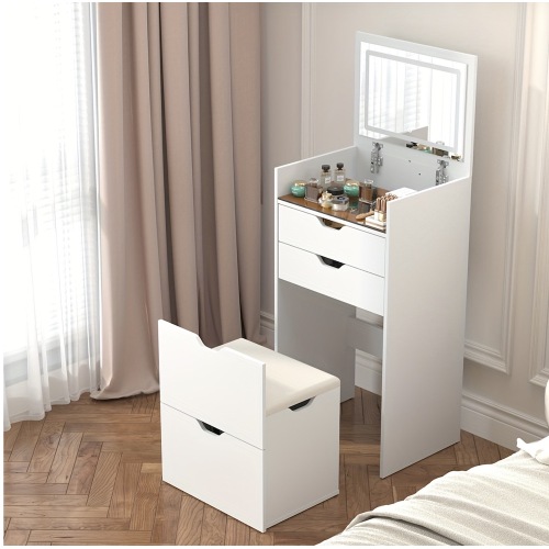 Dressing Table and Stool, 3-in-1 Multifunctional Dressing Table Set, Featuring Three-color Lighting Modes, HD Mirror, Two Sliding Drawers, and a Hidden Storage Stool - White - Wood - 3 Drawers - Mirror Included - Ball Bearing Glides - Bedroom - White