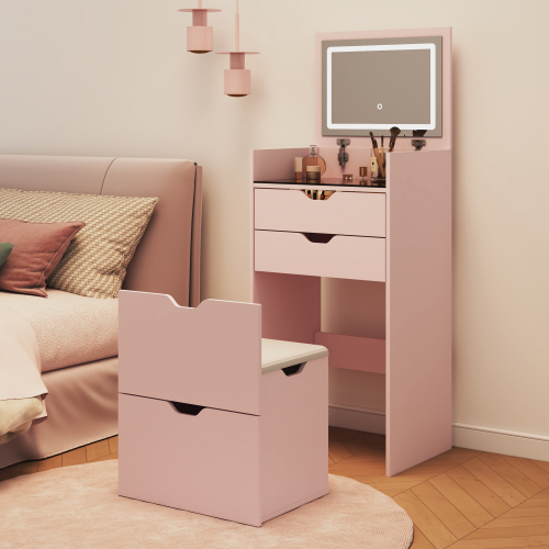 Dressing Table and Stool, 3-in-1 Multifunctional Dressing Table Set, Featuring Three-color Lighting Modes, HD Mirror, Two Sliding Drawers, and a Hidden Storage Stool. - Pink - Wood - Not Specified - Not Specified - Not Specified - Not Specified - Not Specified - Not Specified - Not Specified - Not Specified