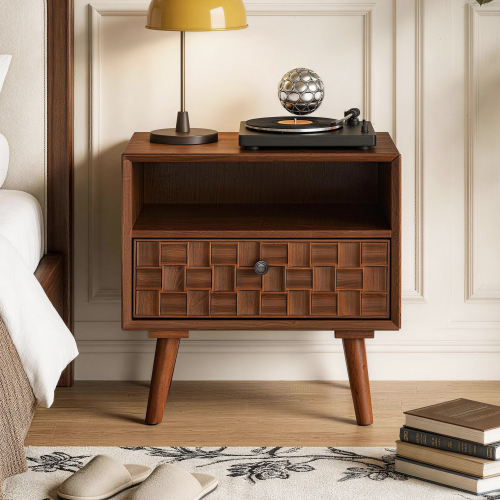 22" Mid-Century Modern Wood Nightstand with Carved Geometric Drawer Front, 1 Drawer and Open Shelf, Solid Wood Legs, Bedside Table for Bedroom - Walnut - Solid Wood+MDF